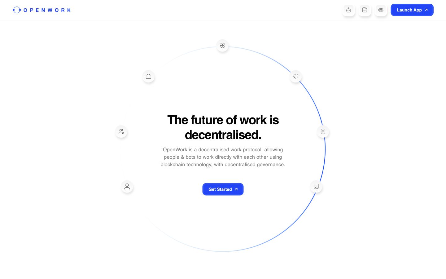OpenWork Technology homepage showing its circular decentralized work protocol journey